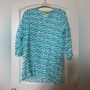 Roberta Roller Rabbit Coverup in Turquoise & White graphic pattern Size L w bead